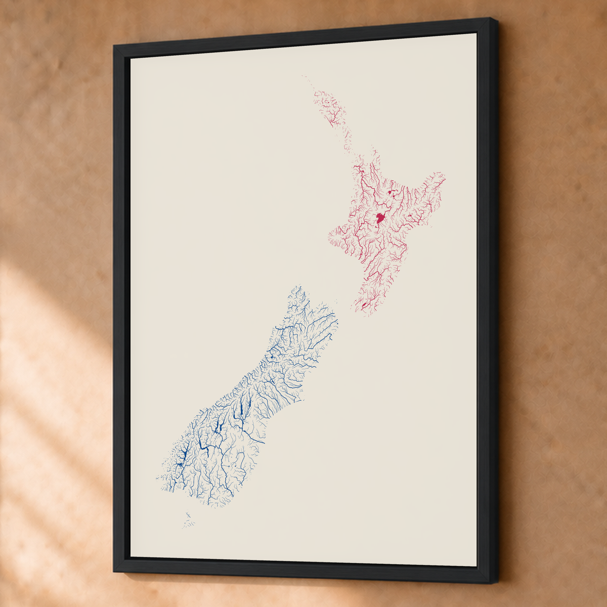 Beautiful Rivers — Nova Zelândia — Risografia, Fine art emoldurado · 60 × 80 cm, Preto · Sem margem