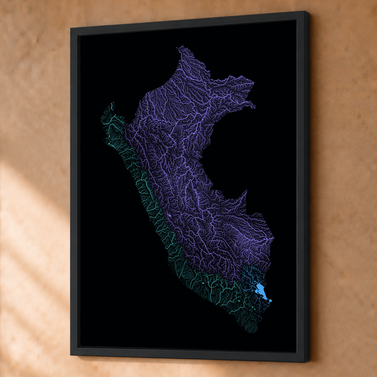Quadro dos rios do Peru — Neon hidrográfico, Preto · Sem margem — Fine art emoldurado — 3x4