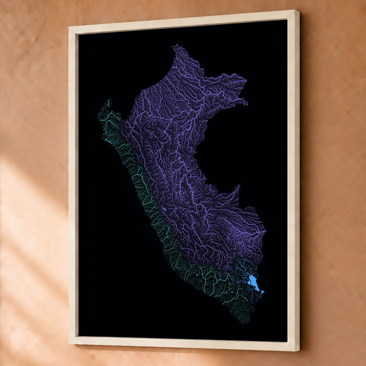 Quadro dos rios do Peru — Neon hidrográfico, Branco · Sem margem — Fine art emoldurado — 3x4