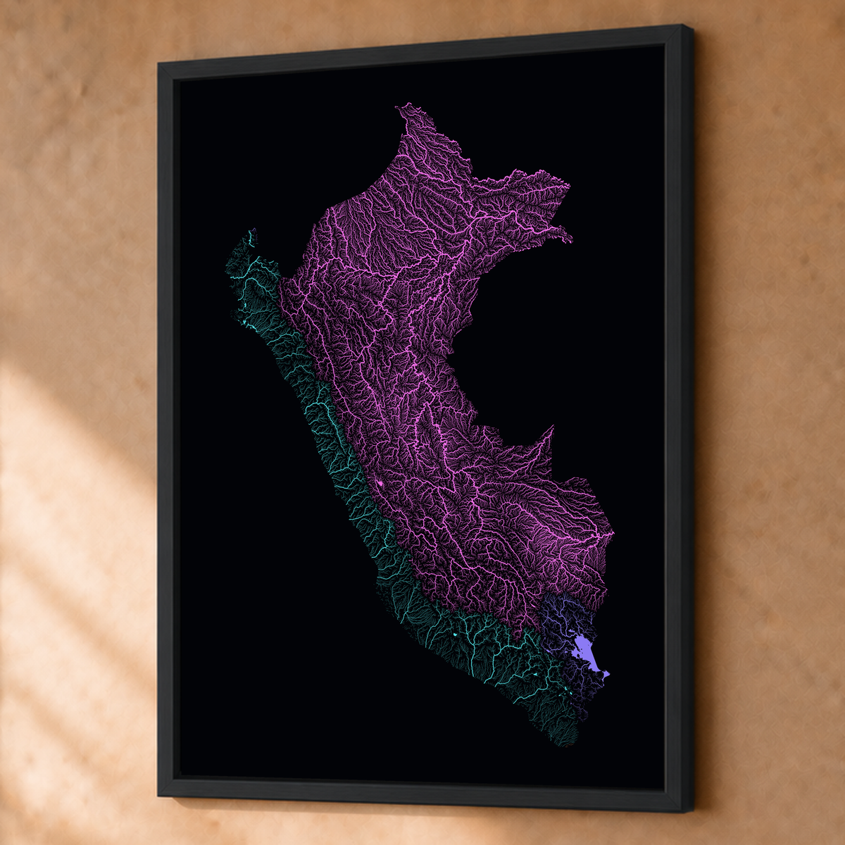 Quadro dos rios do Peru — Neon por território, Preto · Sem margem — Fine art emoldurado — 3x4