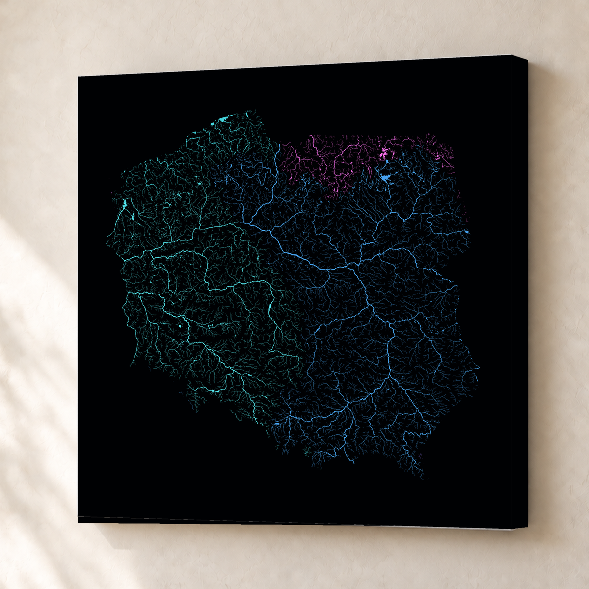 Beautiful Rivers — Polónia — Neon hidrográfico, Canvas · 76 × 76 cm, Sem margem
