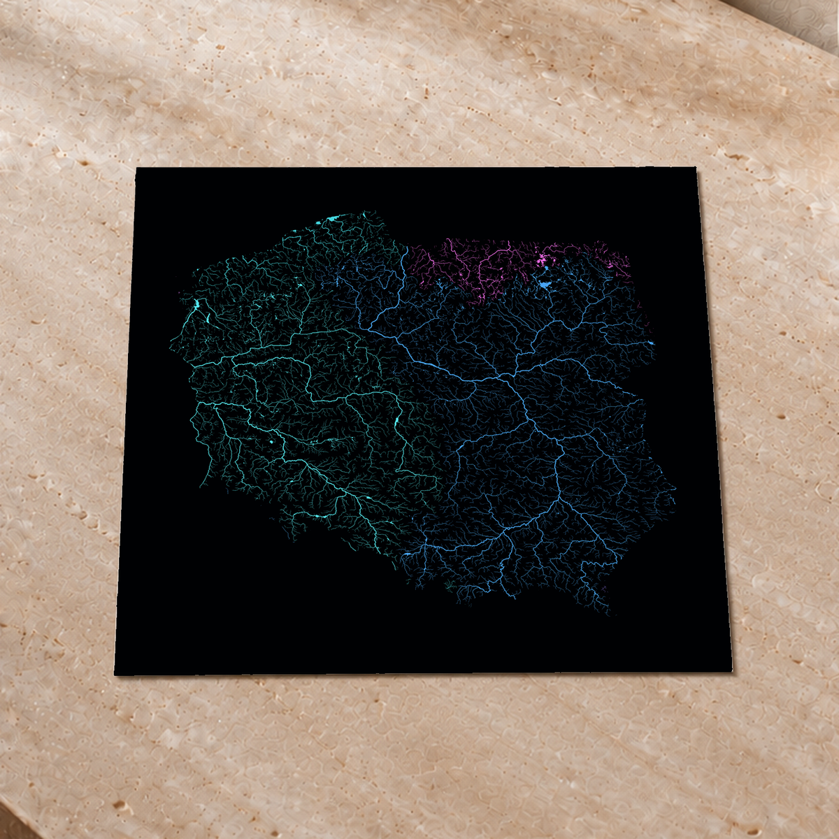 Beautiful Rivers — Polónia — Neon hidrográfico, Impressão fine art · 50 × 50 cm, Sem margem