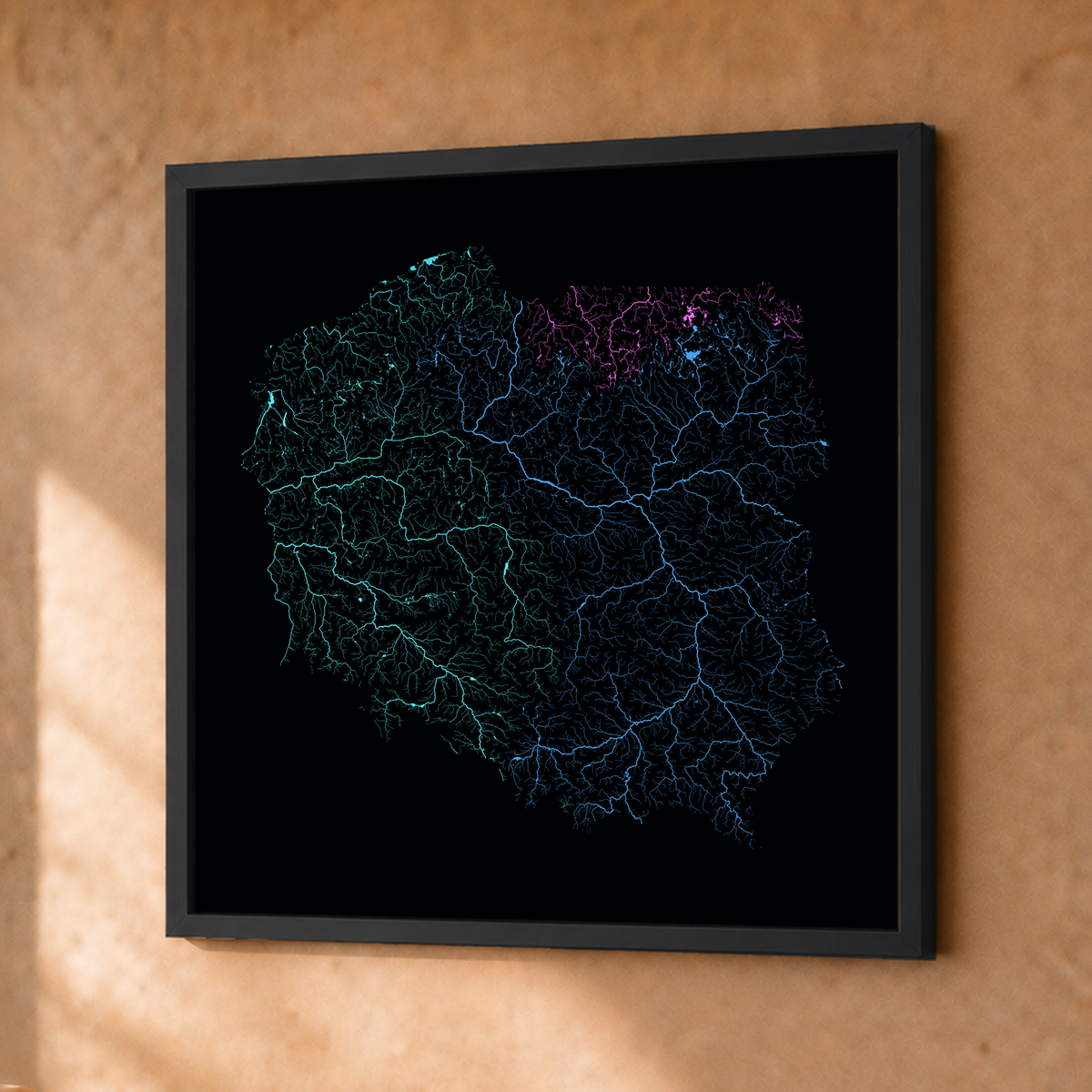 Beautiful Rivers — Polónia — Neon hidrográfico, Fine art emoldurado · 30 × 30 cm, Preto · Sem margem