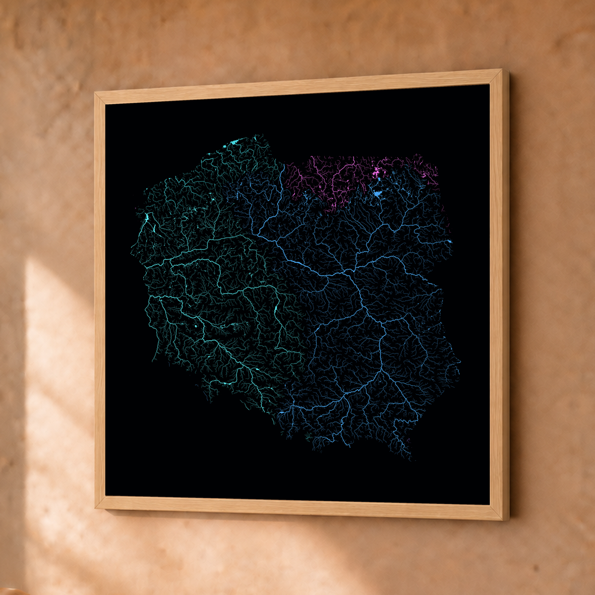 Beautiful Rivers — Polónia — Neon hidrográfico, Fine art emoldurado · 30 × 30 cm, Natural · Sem margem
