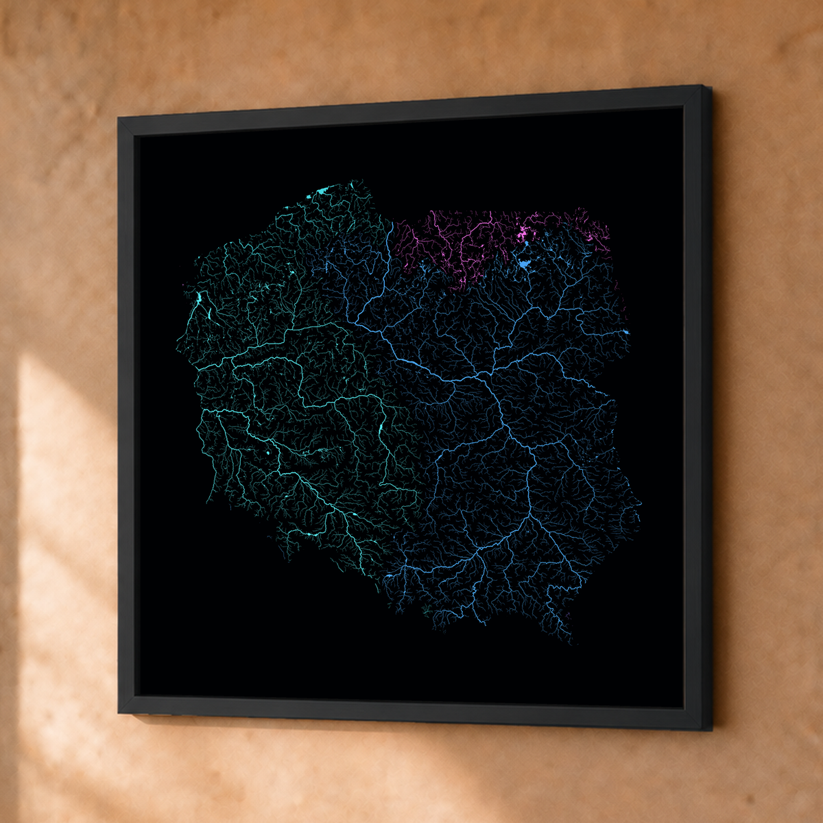 Beautiful Rivers — Polónia — Neon hidrográfico, Fine art emoldurado · 50 × 50 cm, Preto · Sem margem