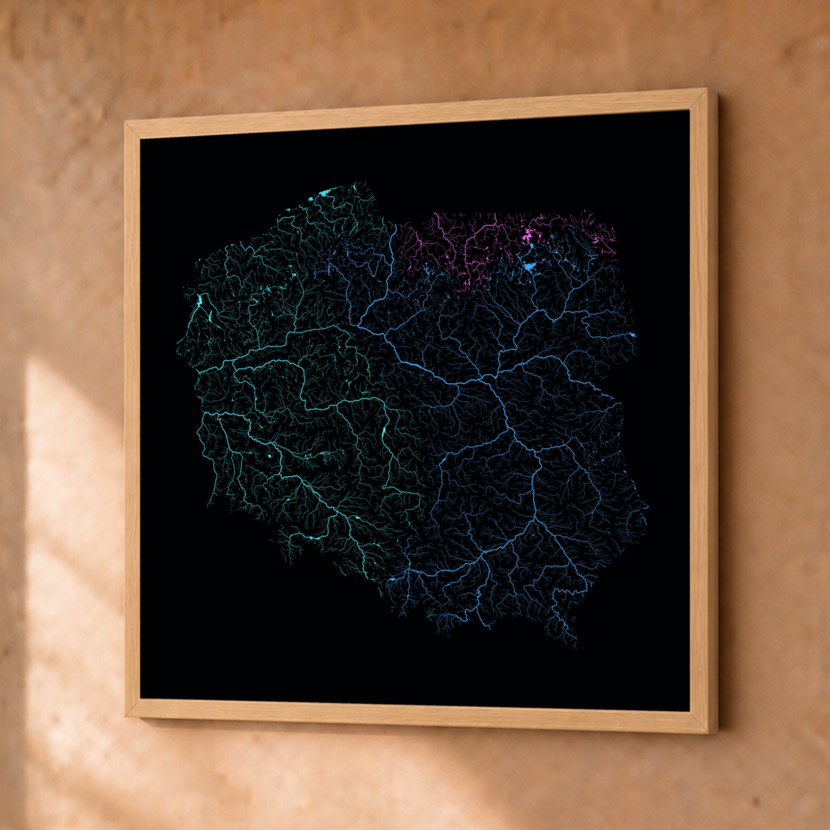 Beautiful Rivers — Polónia — Neon hidrográfico, Fine art emoldurado · 50 × 50 cm, Natural · Sem margem