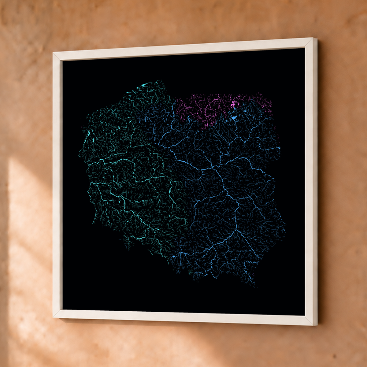 Beautiful Rivers — Polónia — Neon hidrográfico, Fine art emoldurado · 50 × 50 cm, Branco · Sem margem