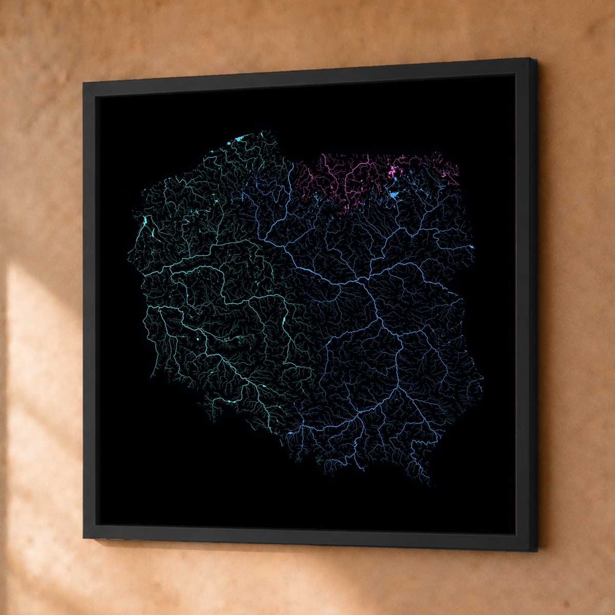 Beautiful Rivers — Polónia — Neon hidrográfico, Fine art emoldurado · 76 × 76 cm, Preto · Sem margem