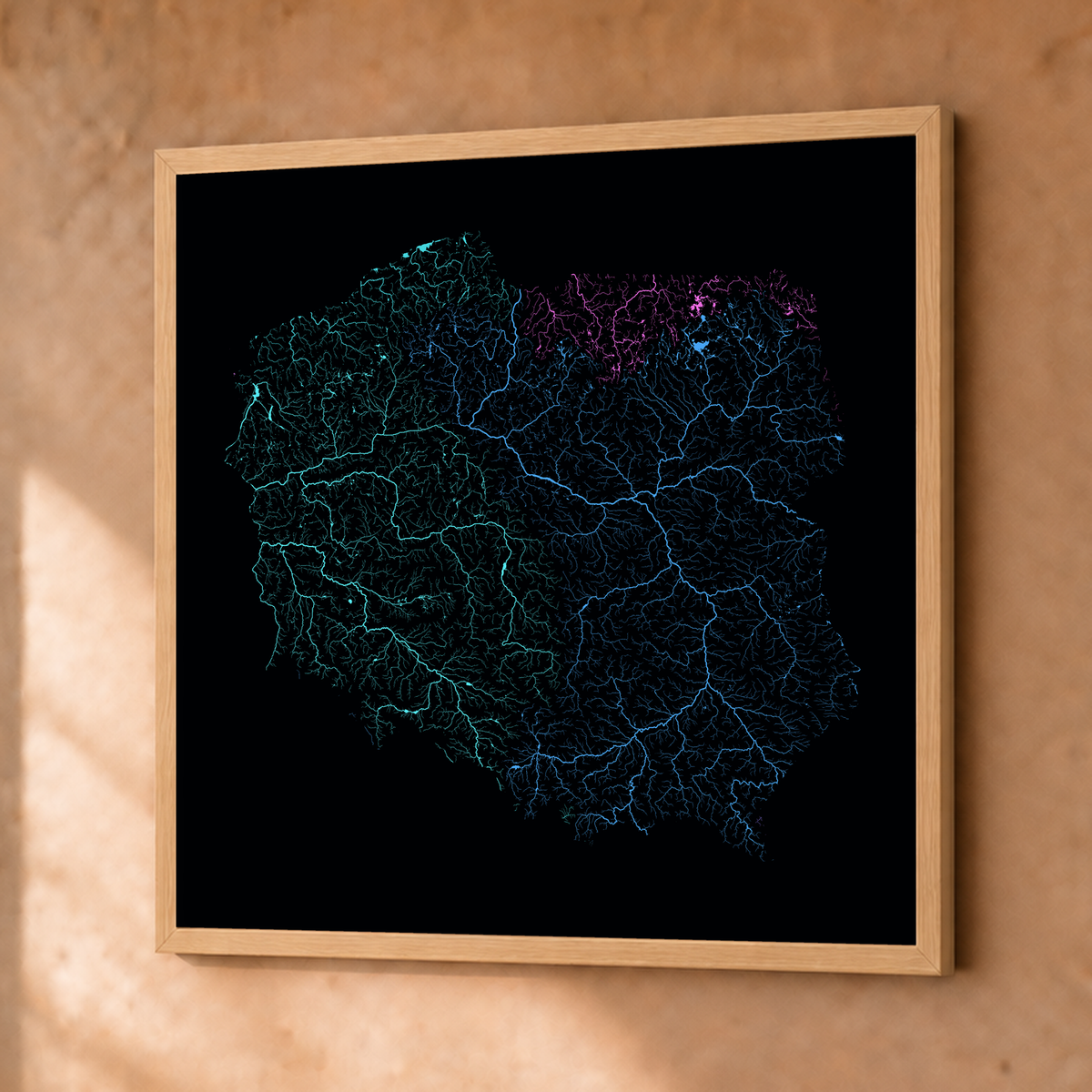 Beautiful Rivers — Polónia — Neon hidrográfico, Fine art emoldurado · 76 × 76 cm, Natural · Sem margem