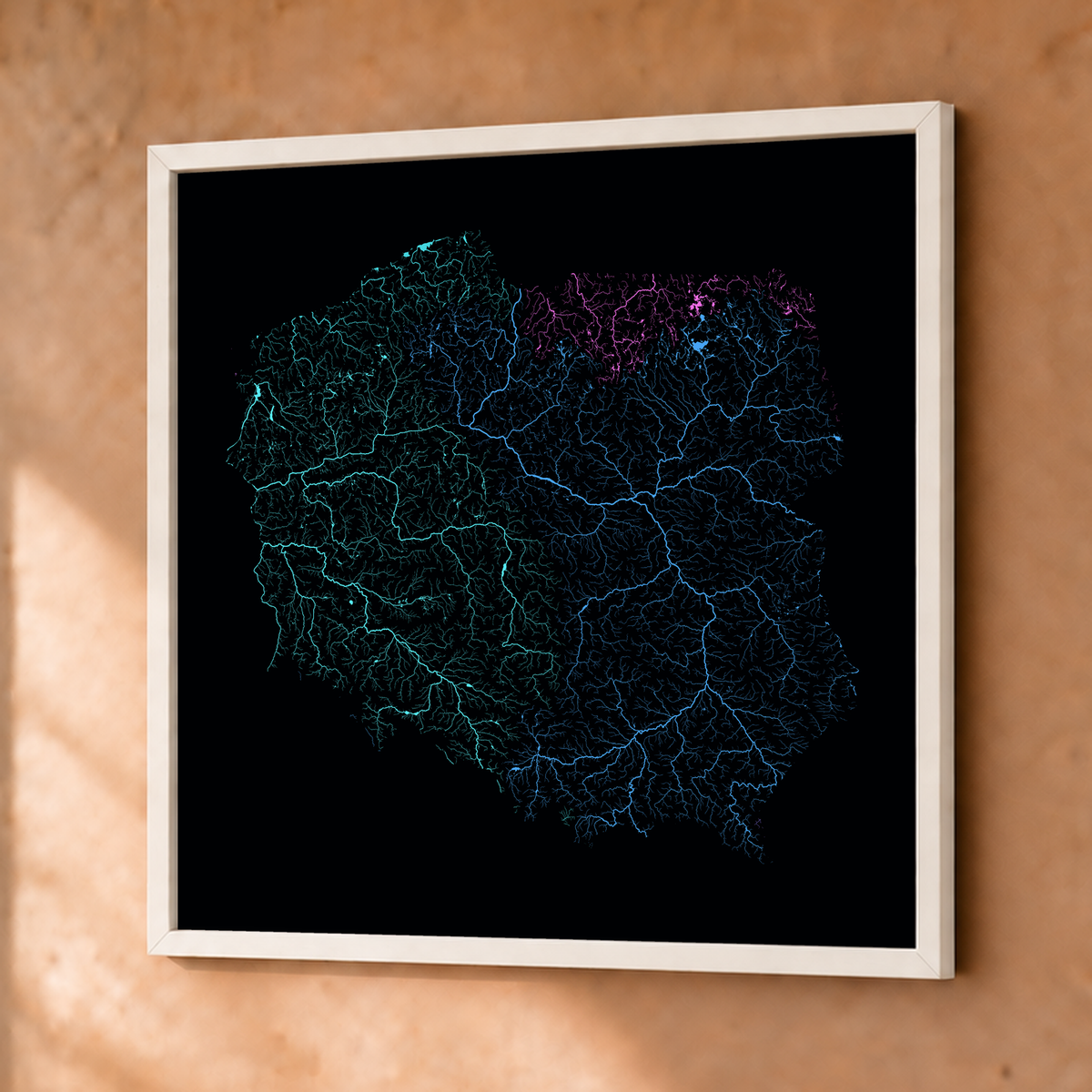 Beautiful Rivers — Polónia — Neon hidrográfico, Fine art emoldurado · 76 × 76 cm, Branco · Sem margem