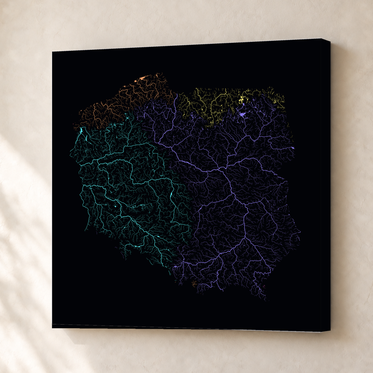 Beautiful Rivers — Polónia — Neon por território, Canvas · 50 × 50 cm, Sem margem