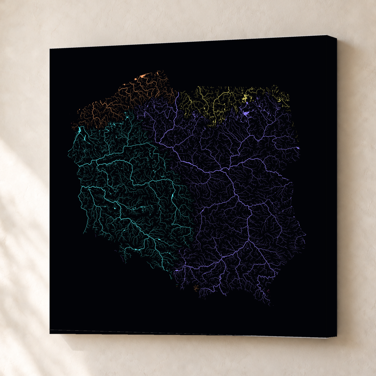 Beautiful Rivers — Polónia — Neon por território, Canvas · 76 × 76 cm, Sem margem