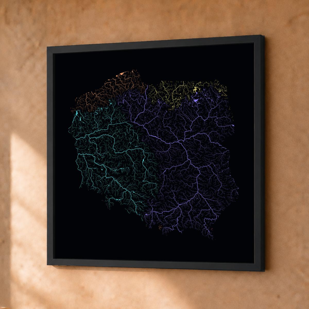 Beautiful Rivers — Polónia — Neon por território, Fine art emoldurado · 30 × 30 cm, Preto · Sem margem