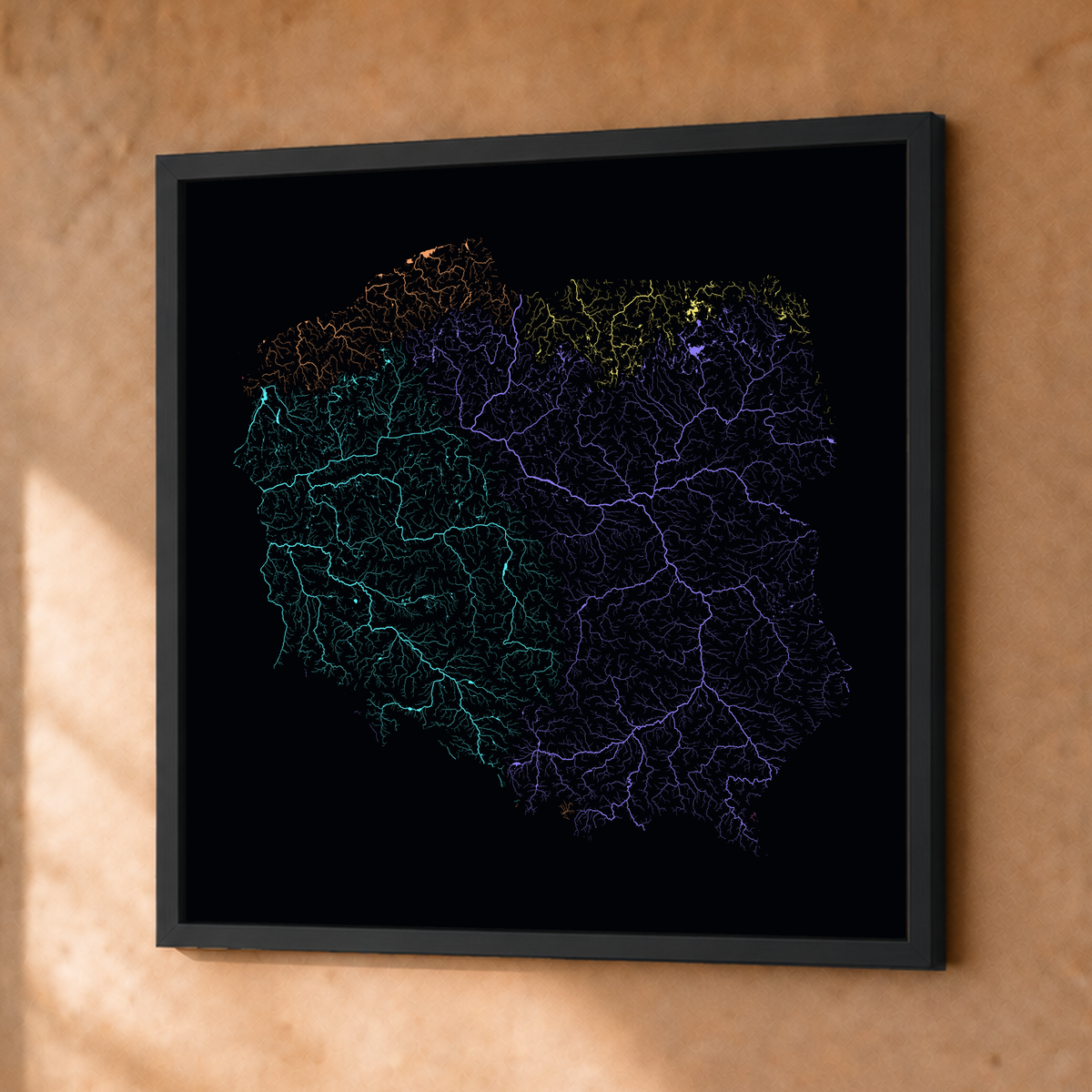 Beautiful Rivers — Polónia — Neon por território, Fine art emoldurado · 50 × 50 cm, Preto · Sem margem