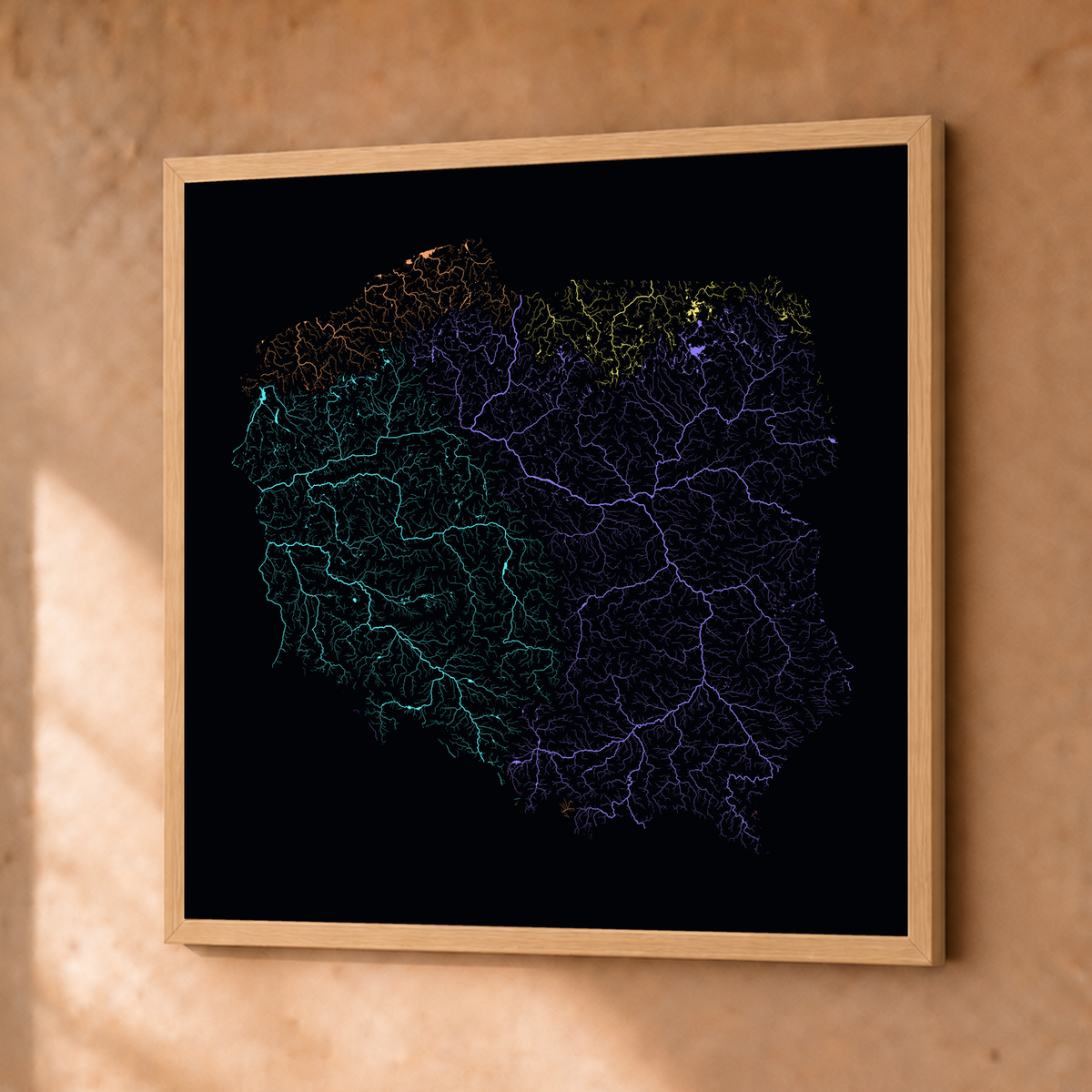 Beautiful Rivers — Polónia — Neon por território, Fine art emoldurado · 50 × 50 cm, Natural · Sem margem