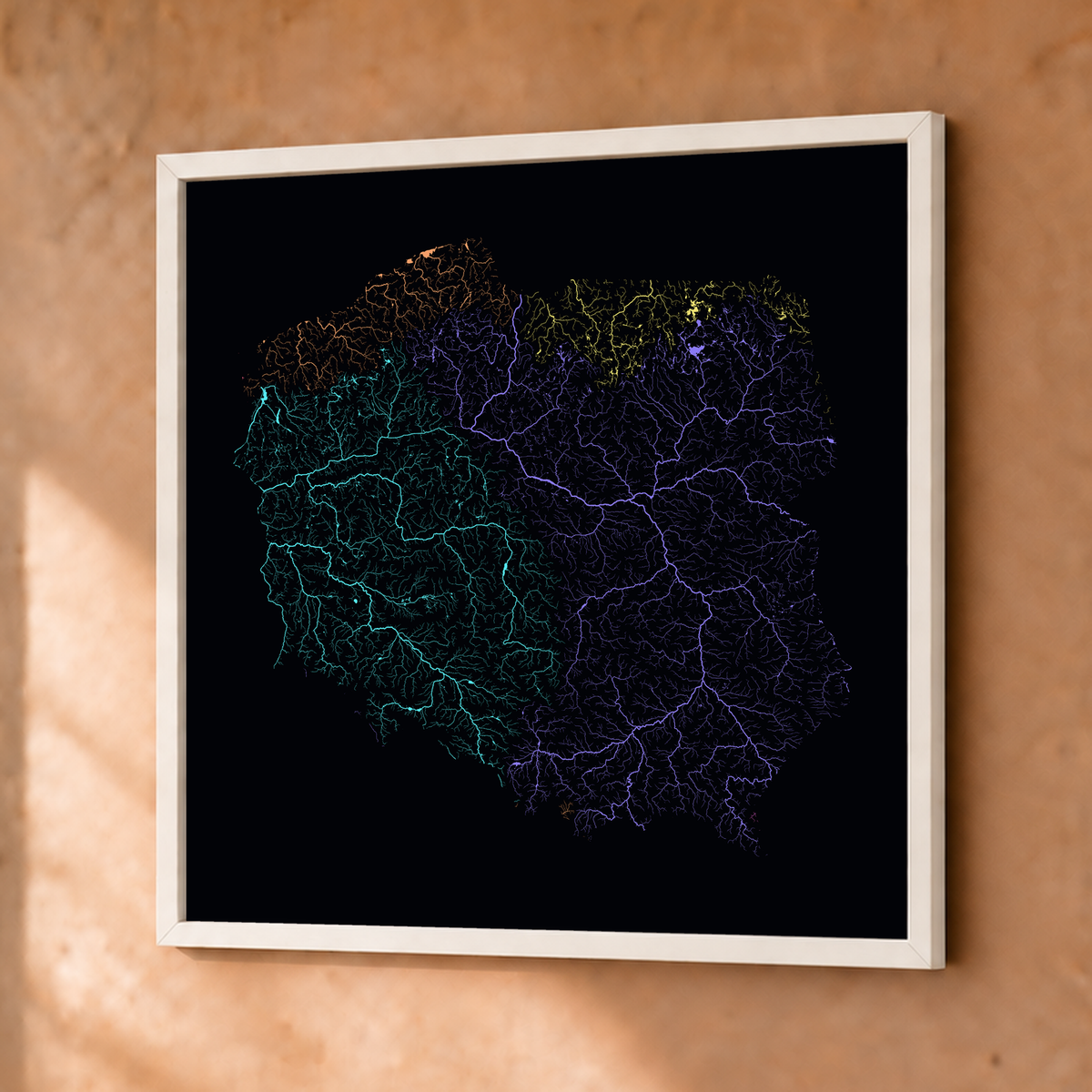 Beautiful Rivers — Polónia — Neon por território, Fine art emoldurado · 50 × 50 cm, Branco · Sem margem