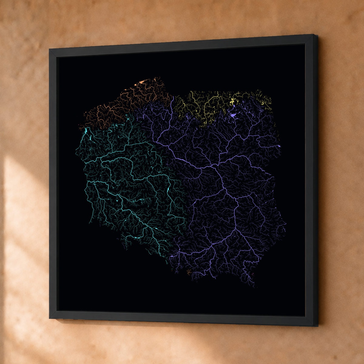 Beautiful Rivers — Polónia — Neon por território, Fine art emoldurado · 76 × 76 cm, Preto · Sem margem