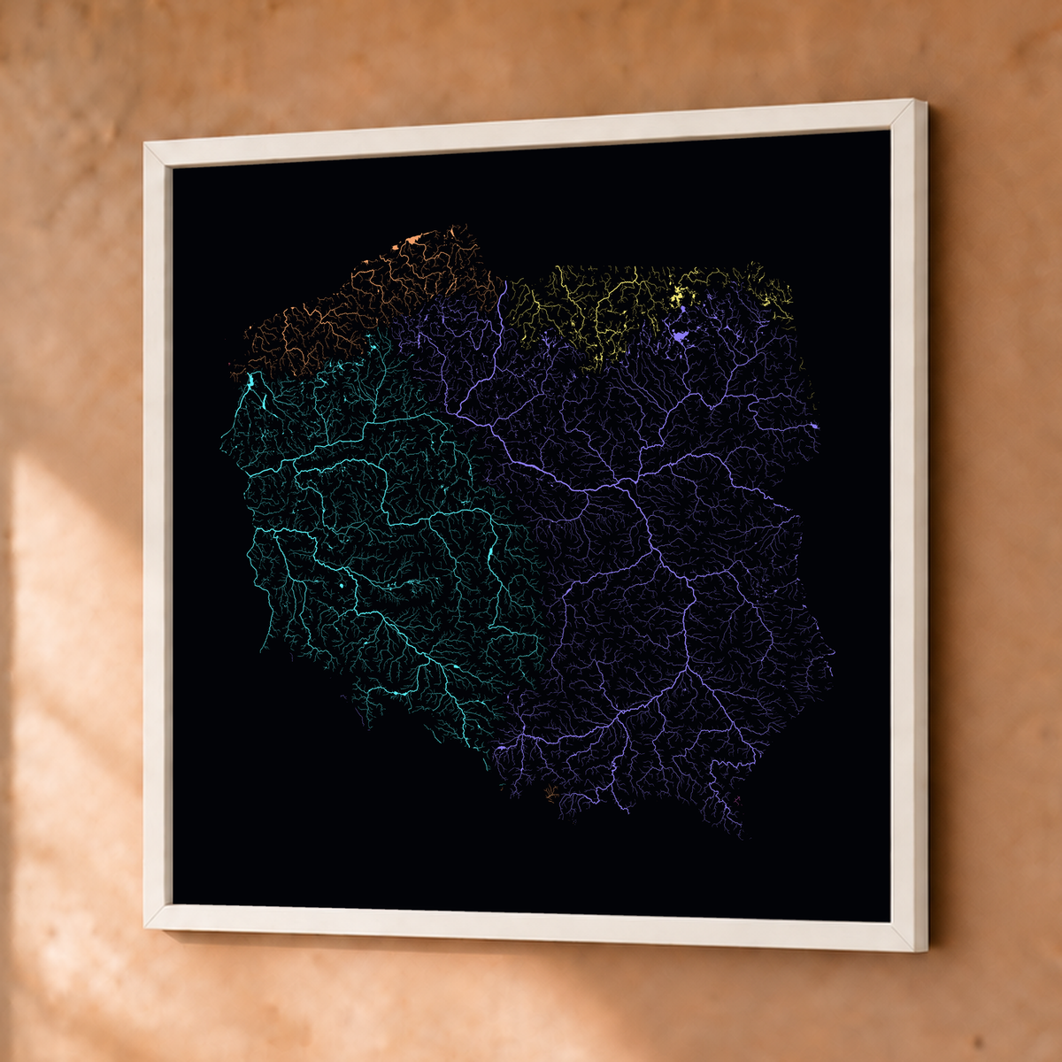 Beautiful Rivers — Polónia — Neon por território, Fine art emoldurado · 76 × 76 cm, Branco · Sem margem