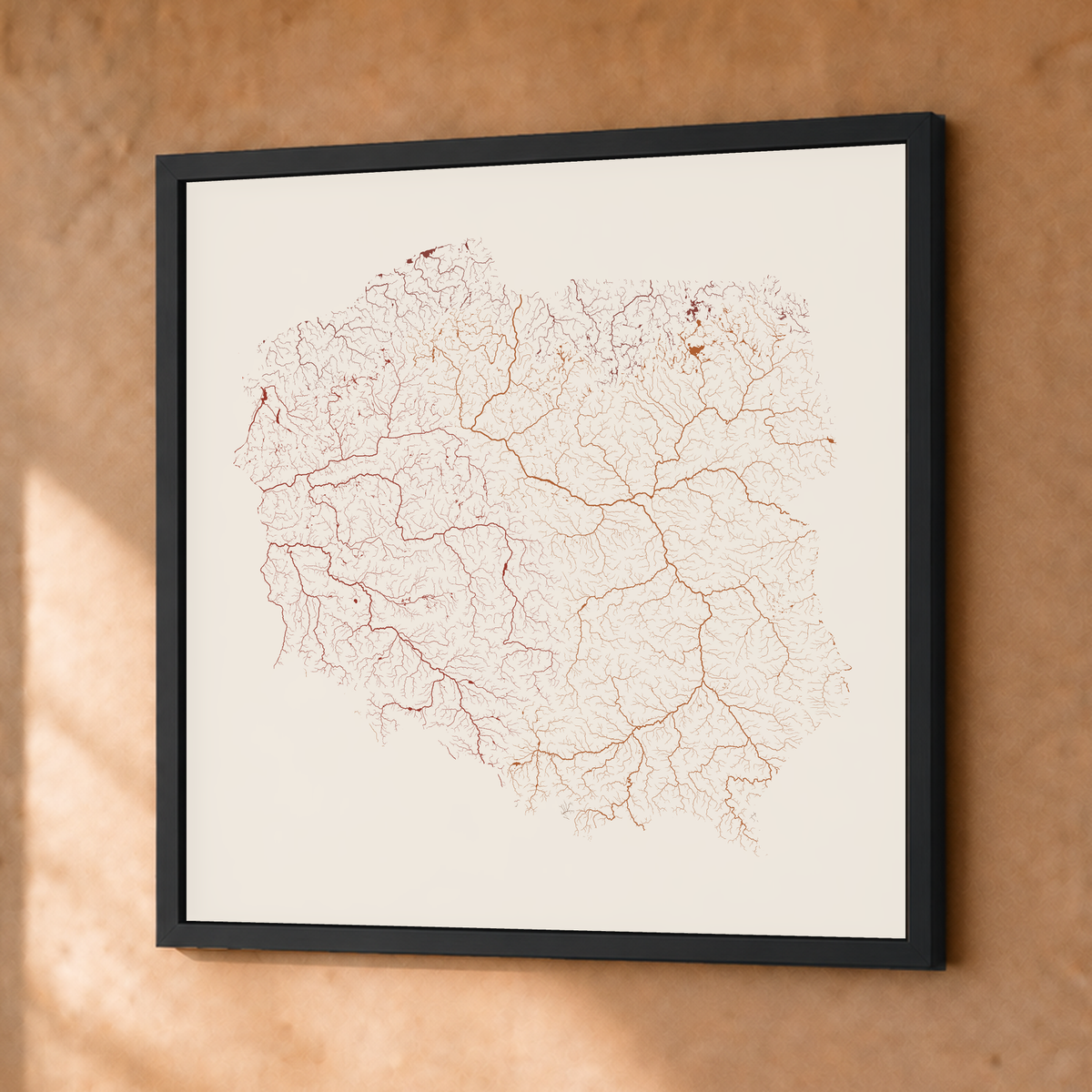 Beautiful Rivers — Polónia — Terracota e areia, Fine art emoldurado · 50 × 50 cm, Preto · Sem margem