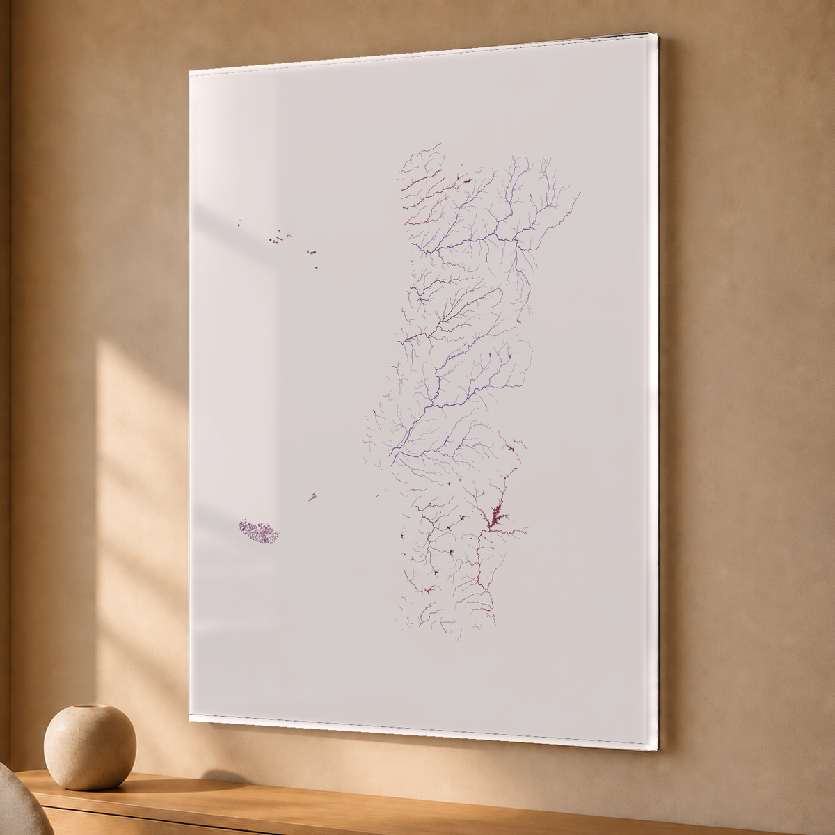 Beautiful Rivers — Portugal com Ilhas — Ameixa e rosé, Acrílico · 30 × 40 cm, Sem margem