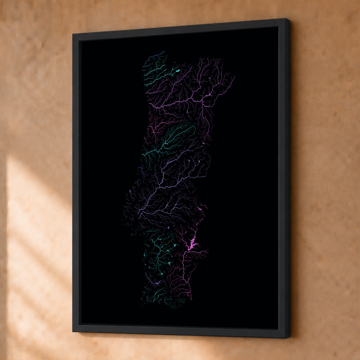 Beautiful Rivers — Portugal — Neon hidrográfico, Fine art emoldurado · 30 × 40 cm, Preto · Sem margem