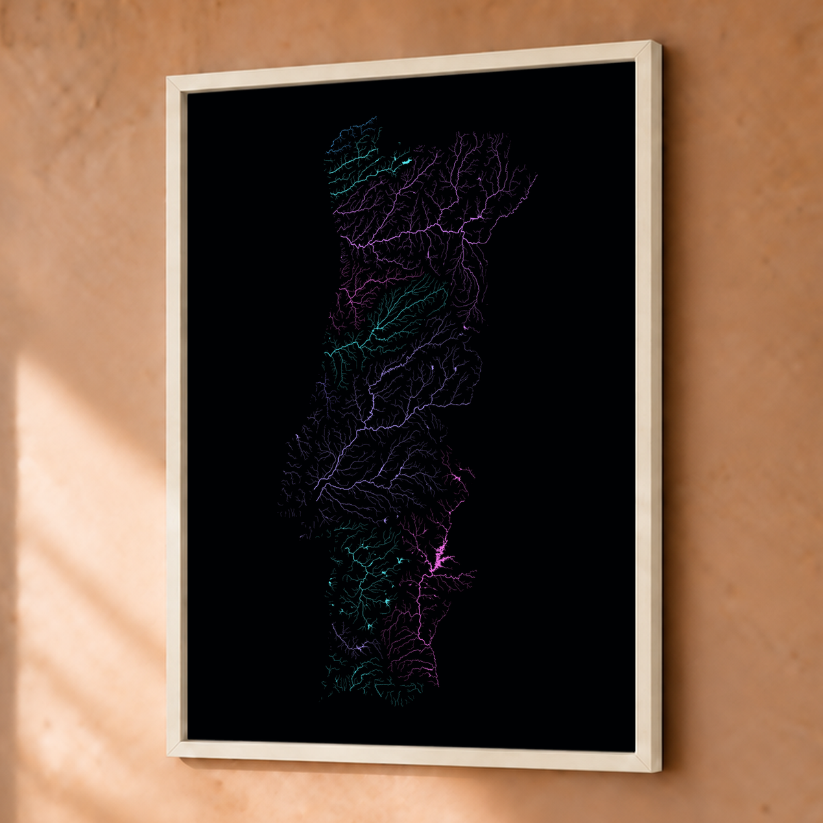 Beautiful Rivers — Portugal — Neon hidrográfico, Fine art emoldurado · 30 × 40 cm, Branco · Sem margem