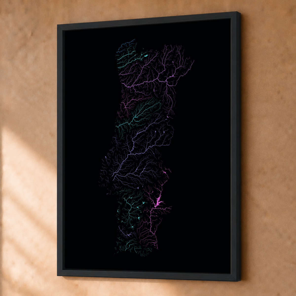 Beautiful Rivers — Portugal — Neon hidrográfico, Fine art emoldurado · 45 × 60 cm, Preto · Sem margem
