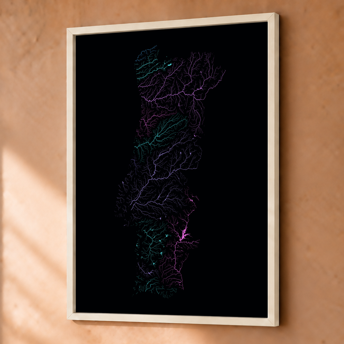 Beautiful Rivers — Portugal — Neon hidrográfico, Fine art emoldurado · 45 × 60 cm, Branco · Sem margem