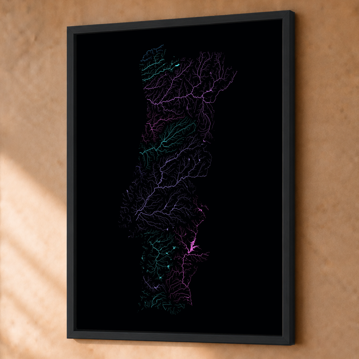 Beautiful Rivers — Portugal — Neon hidrográfico, Fine art emoldurado · 60 × 80 cm, Preto · Sem margem