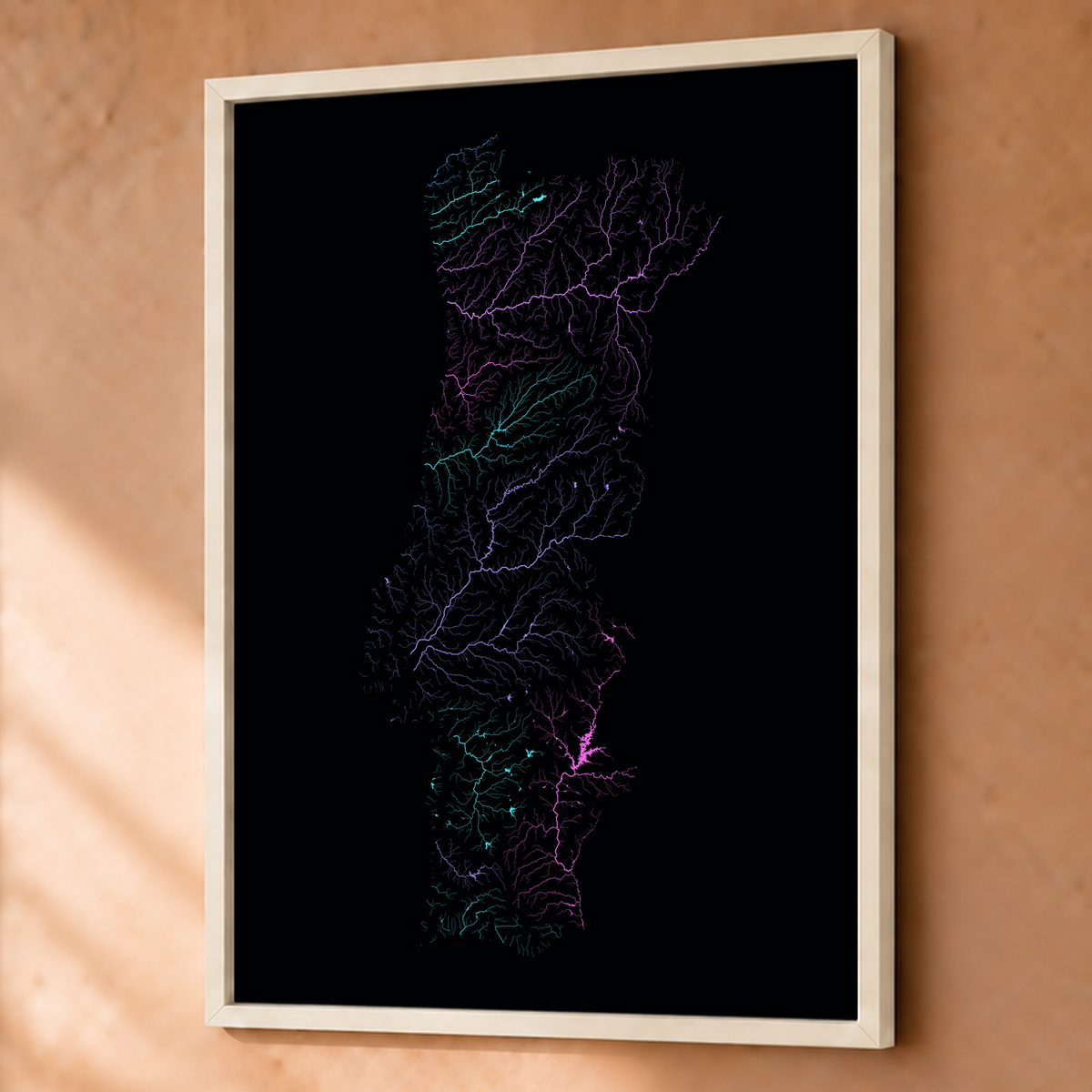 Beautiful Rivers — Portugal — Neon hidrográfico, Fine art emoldurado · 60 × 80 cm, Branco · Sem margem