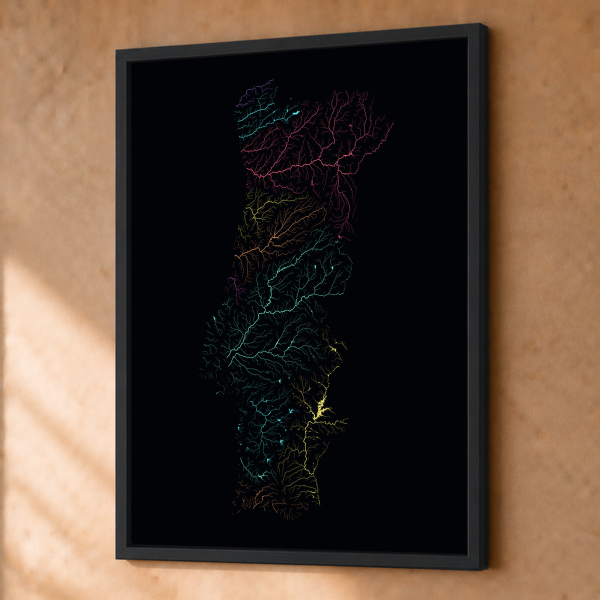 Beautiful Rivers — Portugal — Neon por território, Fine art emoldurado · 45 × 60 cm, Preto · Sem margem