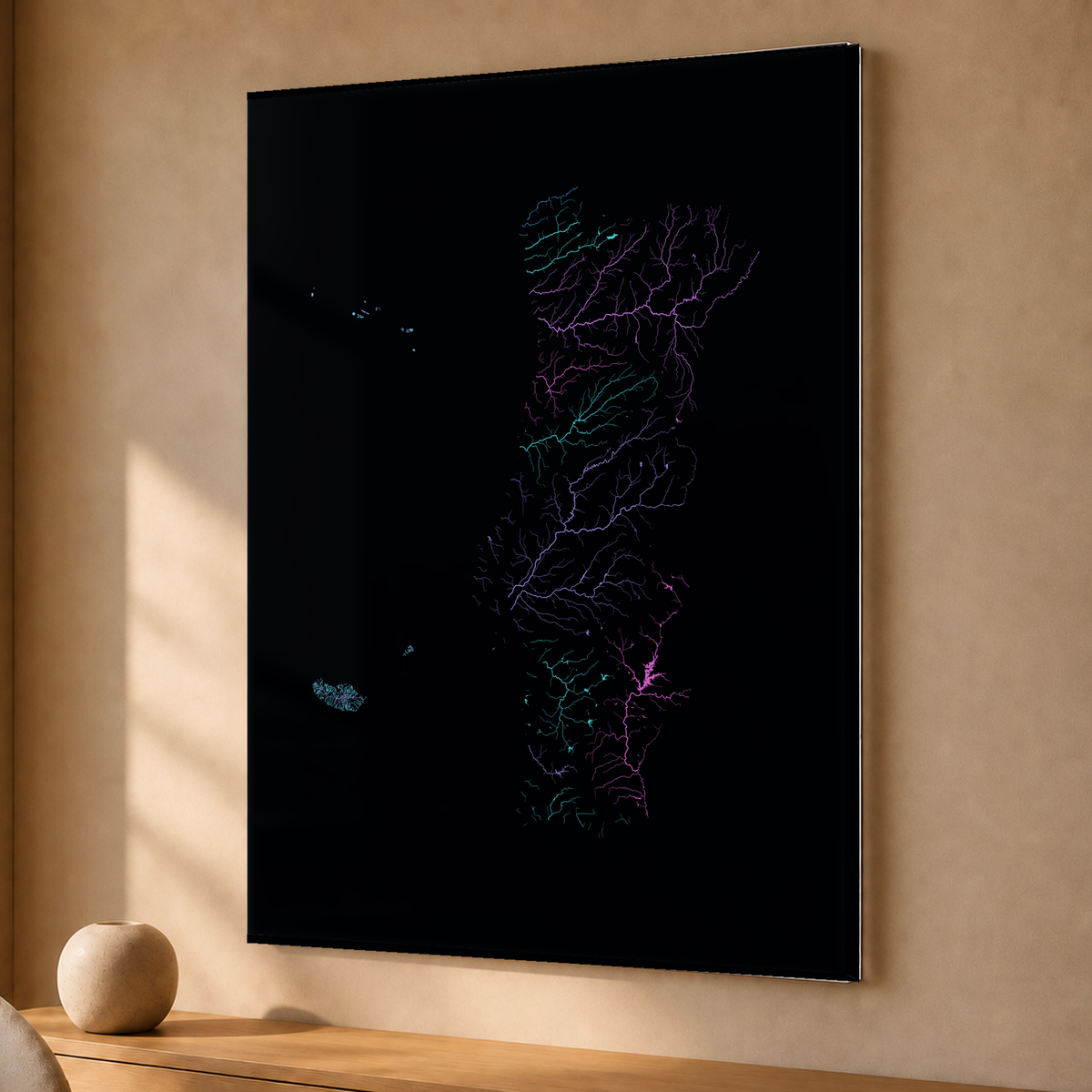 水系図 — ポルトガル（諸島を含む）, 水系ネオン, アクリルプリント, 30 × 40 cm, 上質なインテリア空間に展示