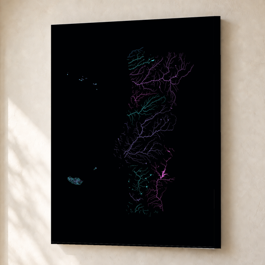 Hydrographic map — Portugal with Islands, hydrographic neon, Canvas, 30 × 40 cm, in a premium interior setting