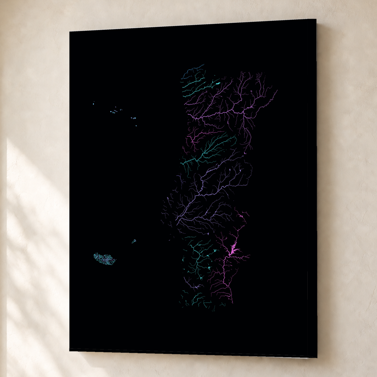 水系図 — ポルトガル（諸島を含む）, 水系ネオン, キャンバス, 45 × 60 cm, 上質なインテリア空間に展示