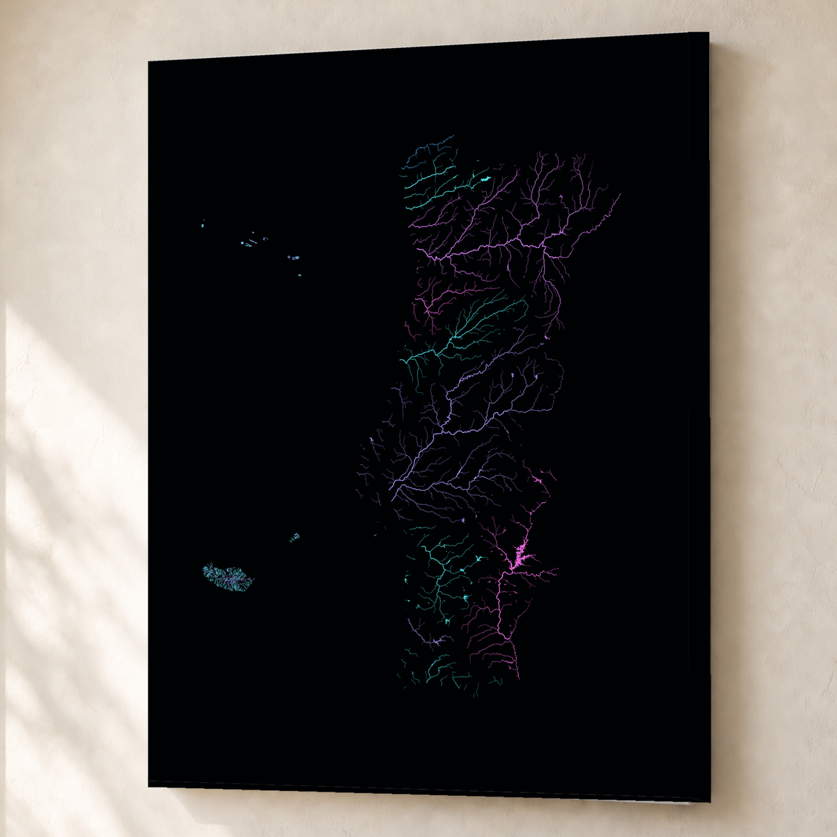 水系図 — ポルトガル（諸島を含む）, 水系ネオン, キャンバス, 60 × 80 cm, 上質なインテリア空間に展示