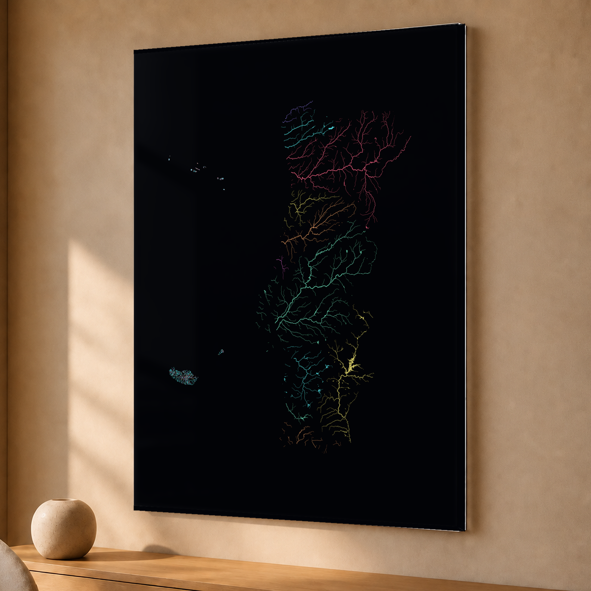 水系図 — ポルトガル（諸島を含む）, 地域別ネオン, アクリルプリント, 30 × 40 cm, 上質なインテリア空間に展示