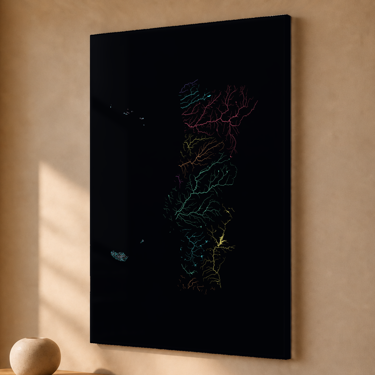 水系図 — ポルトガル（諸島を含む）, 地域別ネオン, アクリルプリント, 40 × 60 cm, 上質なインテリア空間に展示