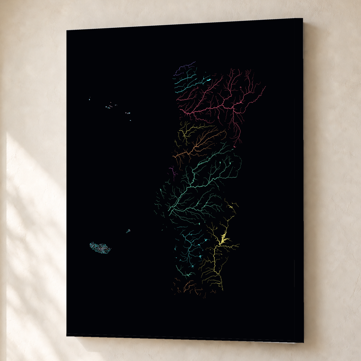 水系図 — ポルトガル（諸島を含む）, 地域別ネオン, キャンバス, 45 × 60 cm, 上質なインテリア空間に展示