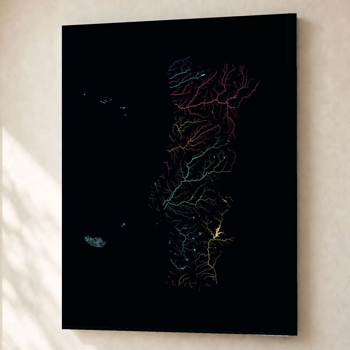 水系図 — ポルトガル（諸島を含む）, 地域別ネオン, キャンバス, 60 × 80 cm, 上質なインテリア空間に展示