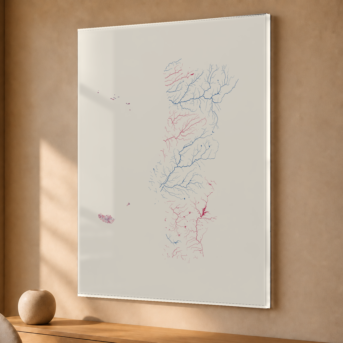 水系図 — ポルトガル（諸島を含む）, リソグラフ, アクリルプリント, 30 × 40 cm, 上質なインテリア空間に展示