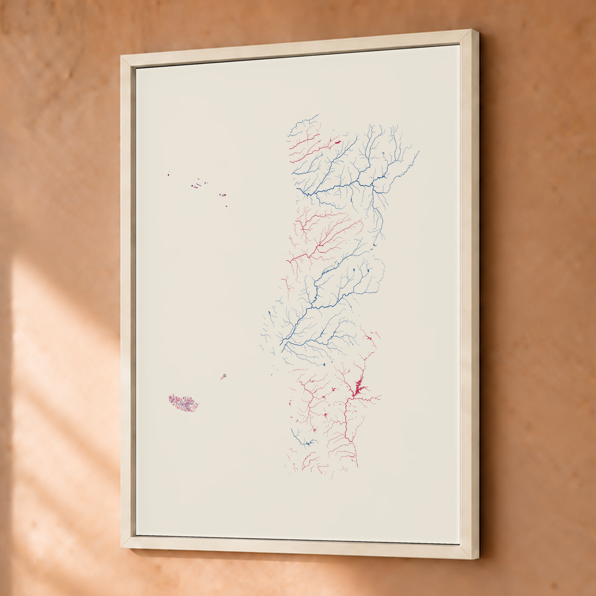 水系図 — ポルトガル（諸島を含む）, リソグラフ, 額装ファインアートプリント, 30 × 40 cm, 上質なインテリア空間に展示