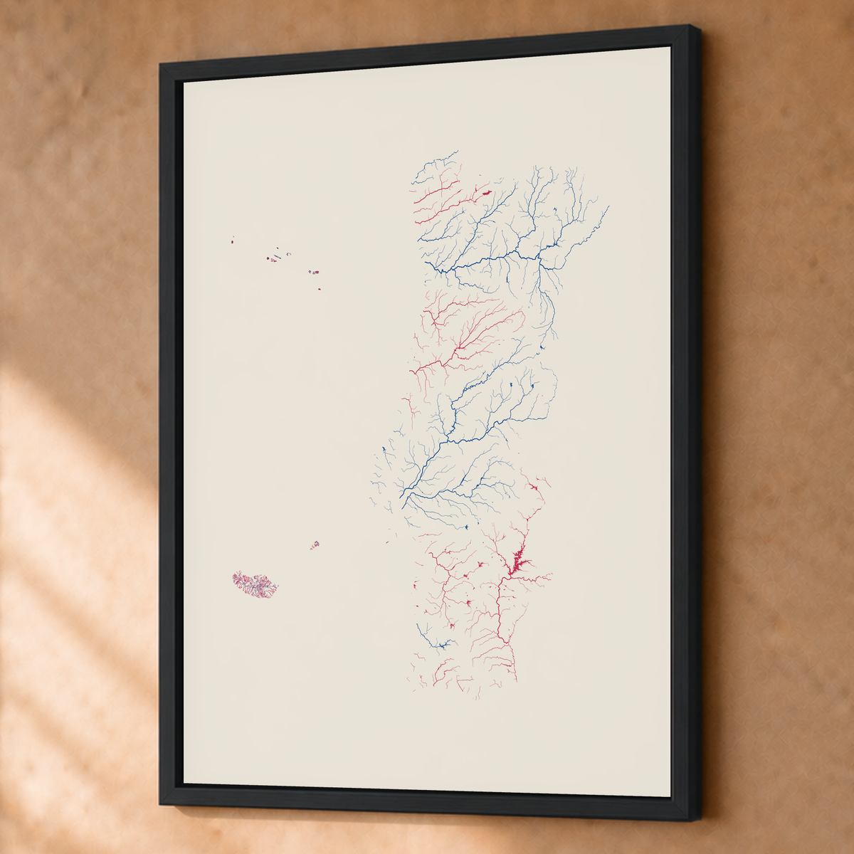 水系図 — ポルトガル（諸島を含む）, リソグラフ, 額装ファインアートプリント, 60 × 80 cm, 上質なインテリア空間に展示