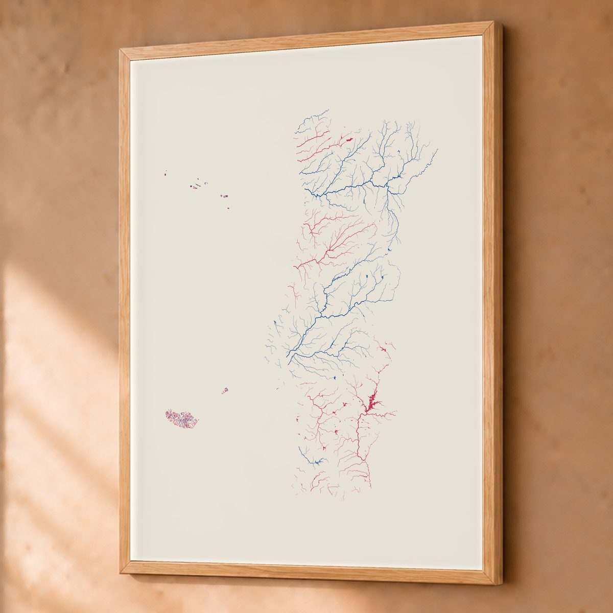 水系図 — ポルトガル（諸島を含む）, リソグラフ, 額装ファインアートプリント, 60 × 80 cm, 上質なインテリア空間に展示