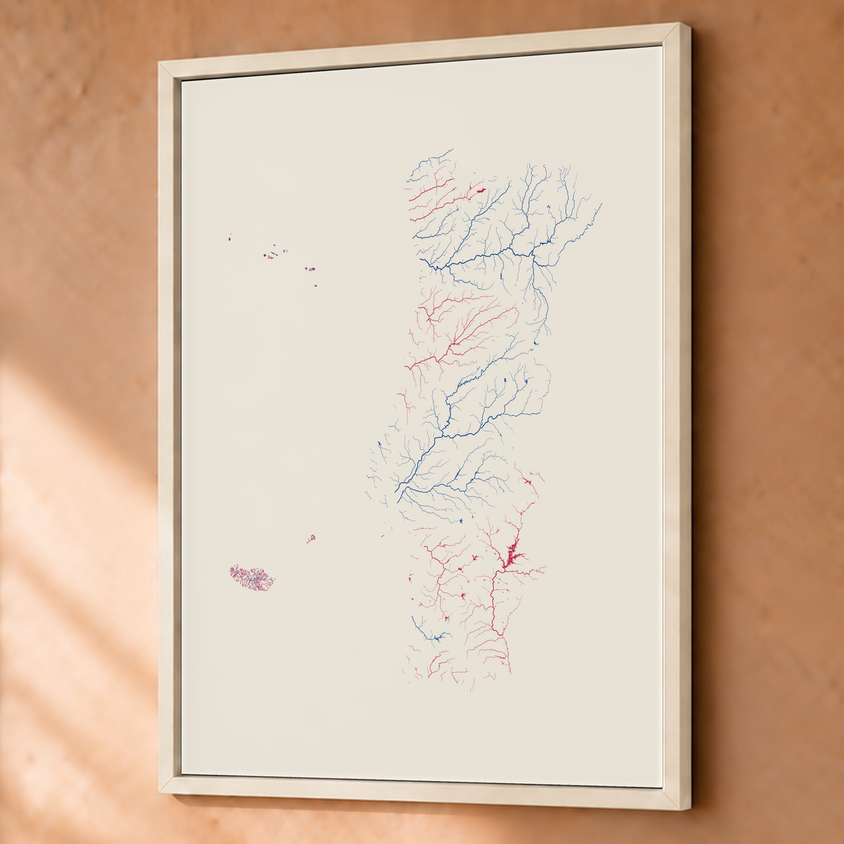 水系図 — ポルトガル（諸島を含む）, リソグラフ, 額装ファインアートプリント, 60 × 80 cm, 上質なインテリア空間に展示