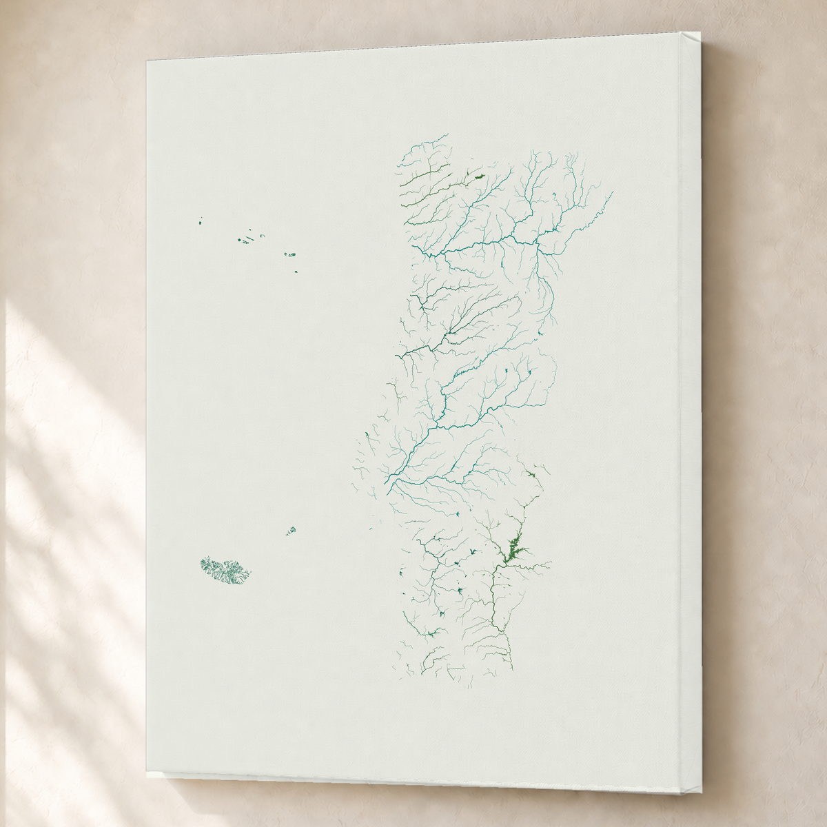 Beautiful Rivers — Portugal com Ilhas — Verde jade e porcelana, Canvas · 60 × 80 cm, Sem margem