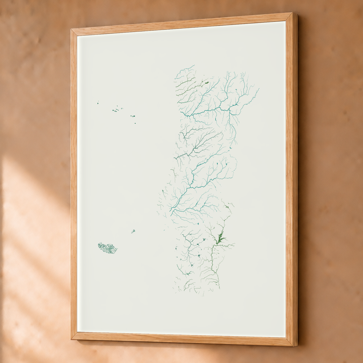 Beautiful Rivers — Portugal com Ilhas — Verde jade e porcelana, Fine art emoldurado · 60 × 80 cm, Natural · Sem margem