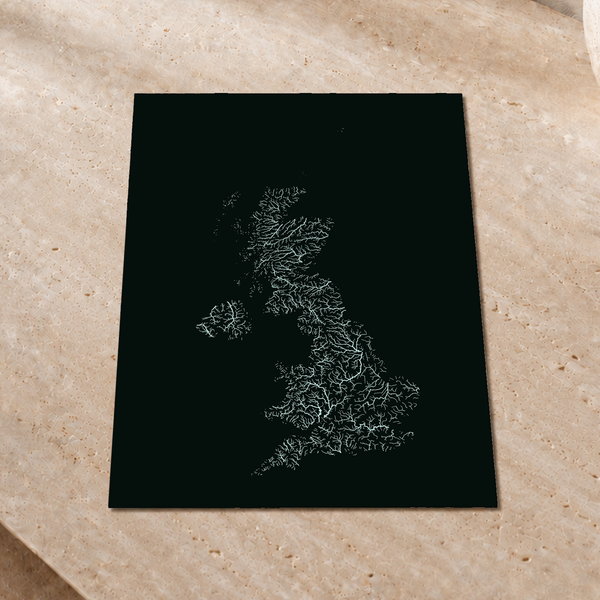 Hydrographic map — United Kingdom, monochrome glow, Glow-in-the-dark poster, 30 × 40 cm, in a premium interior setting