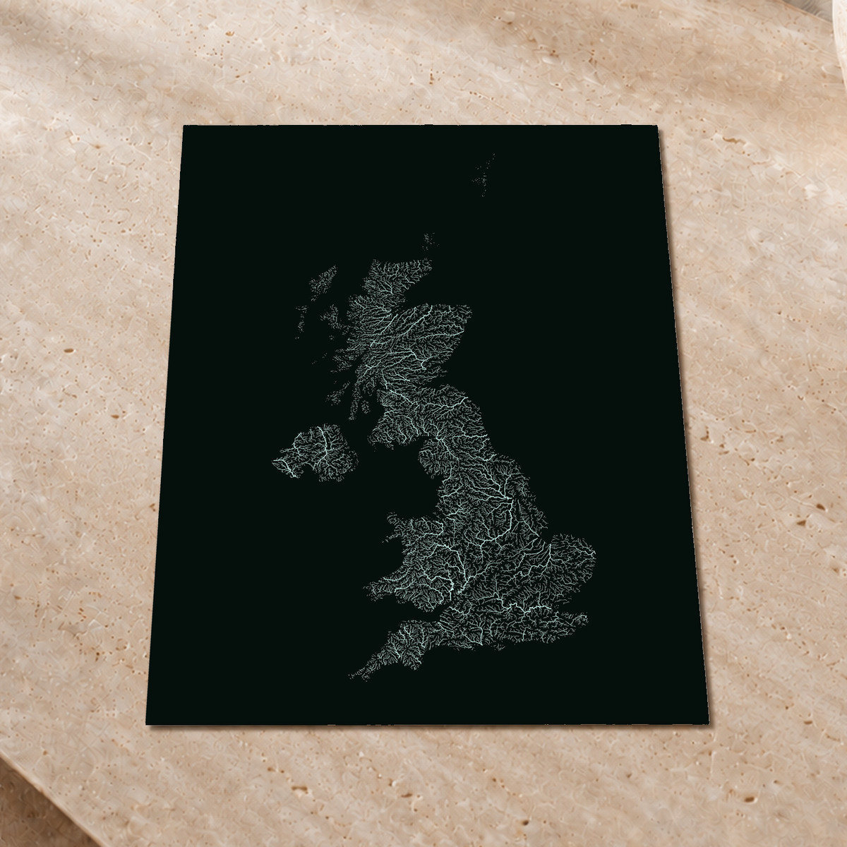 Hydrographic map — United Kingdom, monochrome glow, Glow-in-the-dark poster, 45 × 60 cm, in a premium interior setting