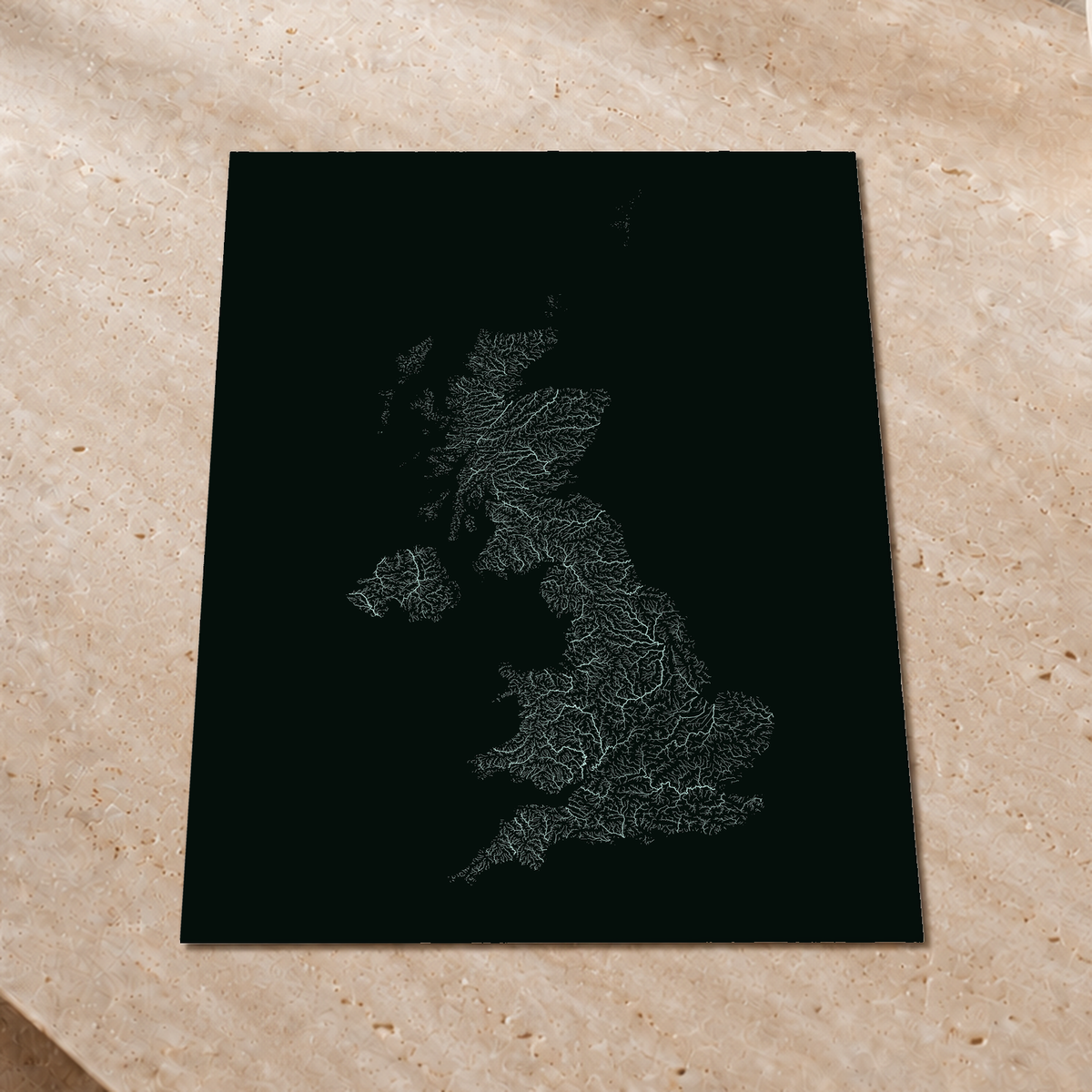 Hydrographic map — United Kingdom, monochrome glow, Glow-in-the-dark poster, 60 × 80 cm, in a premium interior setting