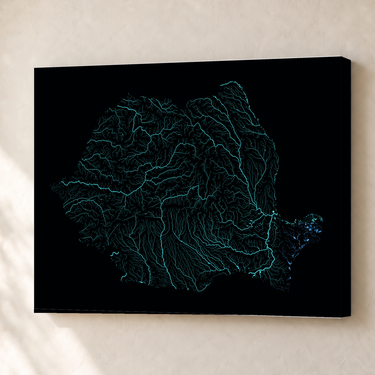 Beautiful Rivers — Roménia — Neon hidrográfico, Canvas · 45 × 60 cm, Sem margem